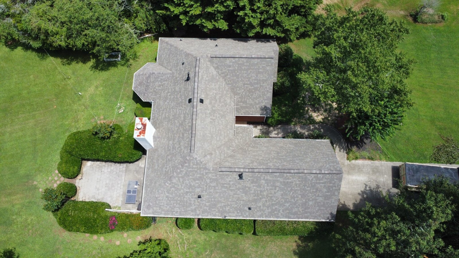 Aerial view of a completed roof replacement in North Georgia